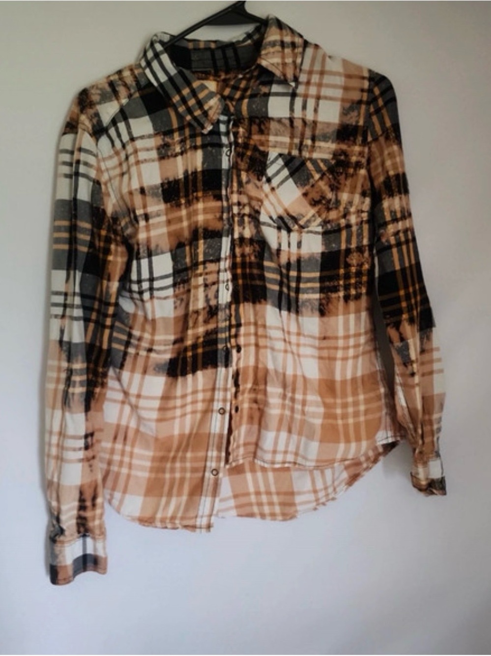 Plaid Button-Up Shirt in Tan, Black & White
